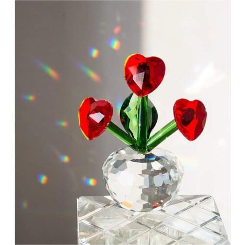 H&D Red Crystal Heart Flower Paperweight Dreams Ornament Gift Crystal Figurines Collectible for Home Wedding Decor Souvenir Gift