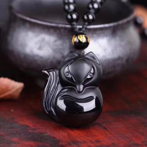 High Quality Unique Natural Black Obsidian hand Carved fox Lucky Amulet Pendant Necklace For Women Men pendant