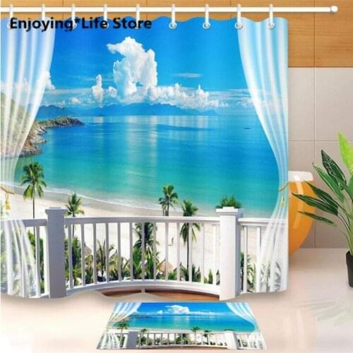Balcony Seaside Scenery Shower Curtain Waterproof Curtain Bathroom Bath Mat Fabric Rugs 72''x72''12 Hooks 24''x16''Mat Set