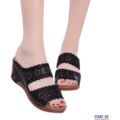 Womens Fashion Casual Hollow Out High Heels Thick Platforms Shoes Female Slippers Women Casual Slippers Solid Hollow out