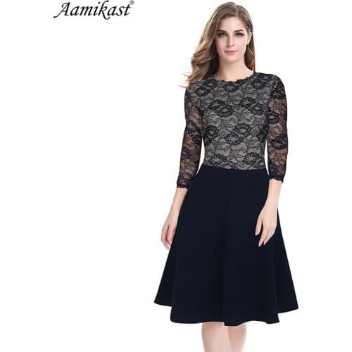 Aamikast Womens Elegant Sexy Lace See Through Tunic Casual Club Bridesmaid Mother of Bride Dress Skater A-Line Party Dress