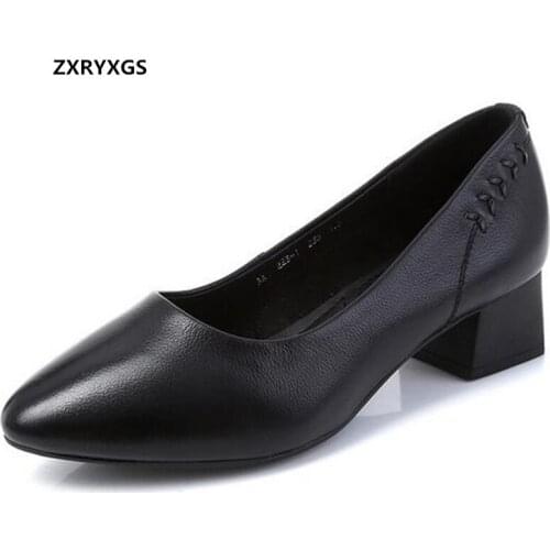 2021 New High Quality Cowhide Black Shoes Women Genuine Leather Shoes High Heels Soft Sole Comfortable Work Office Banquet Shoes