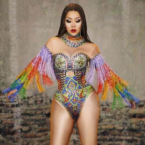 Multi-Color Rhinestones Tassel Bodysuit Women DJ Singer Bar Sexy Costume Nightclub Party Dancer Crystals Fringe Bodysuits DJ1689
