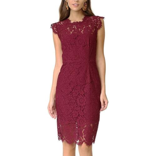 Womens Package Hips No-sleeve Dress Elegant Women Red Solid Color Sexy Lace Slim Fit Buttocks Pencil Dresses Party Dress Vestido