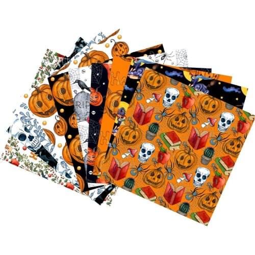 10 PCS Halloween Cotton Fabric Handmade Halloween Decorative Cloth DIY Printed Cotton Fabric Ghost Pumpkin Skull Pattern