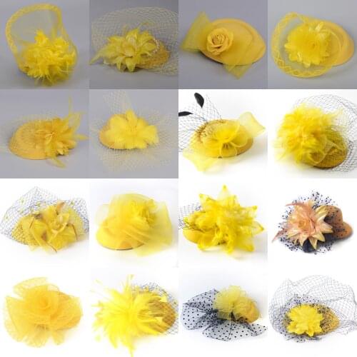 16design Handmade Yellow Fascinators Flowers Church Pillbox Hat Lace Feathers Veils Hair Clips Cocktail Weddings