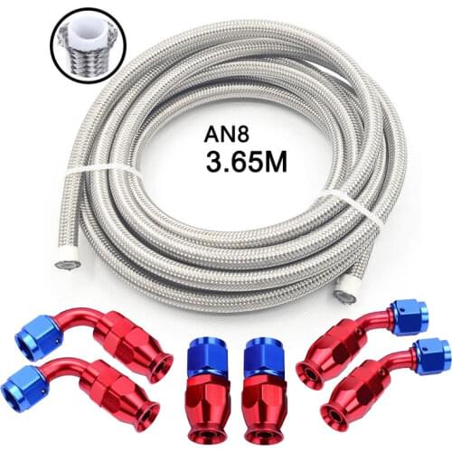 3.65M AN8 braided Hose 304 Stainless Steel Braided PTFE Brake Hose Fuel Oil Line Oil Cooler Hose Pipe 0/45/90 Degree fitting