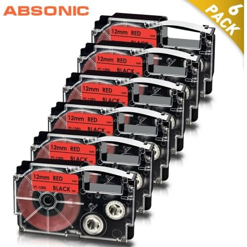 Absonic 6PCS 12mm*8m for Casio XR 12RD XR12RD XR-12RD Black on Red Label Tapes Compatible for Casio KL-60 KL-120 Label Printers