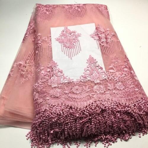 African Lace Fabrics 5 Yards Nigerian Lace Fabrics With Beads Embroidery French Tulle Net Lace For Wedding Party Dress M3546