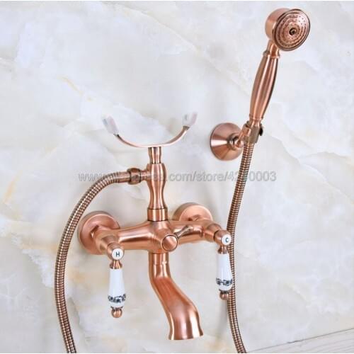 Antique Red Copper Bath Tub Faucet Ceramic Handle & Handheld Shower Head Faucet Bathtub faucet set shower faucet set Kna377
