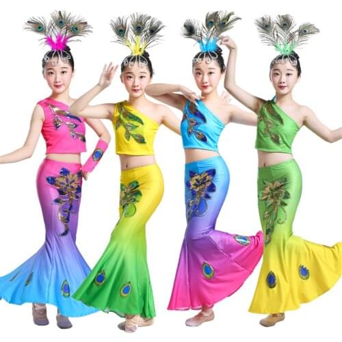 Childrens Dresses for Girls Traditional Chinese Clothing Peacock Dai Dance Costumes Stage Performance Folk Hanfu Festival Wear