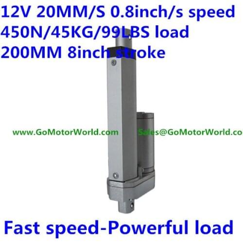 20mm/sec 0.8inch/sec speed 450N 45KG 99LBS load 200mm 8inch stroke 12V mini electric linear actuator