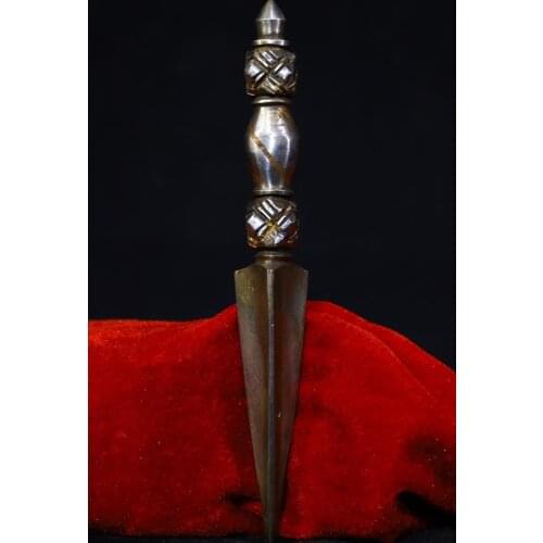 7" Tibet Buddhism Temple Old Tiantie Engraving tools Vajra Dorje Vajra Phurba Dagger Holder Ward off evil spirits Exorcism