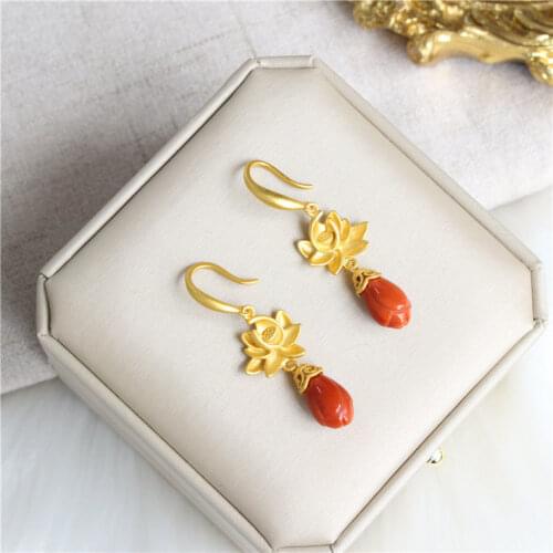 Natural Hetian Jade Southern Red Agate Lotus Earrings Retro Personality Magnolia S925 Sterling Silver Earrings Eardrop Earrings
