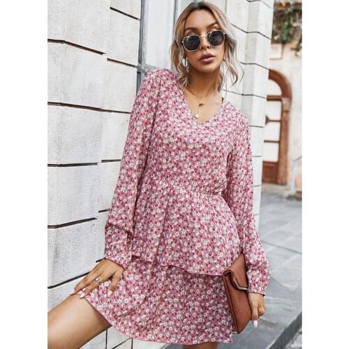 Jastie 2020 Spring Autumn Women Dresses Casual Long Sleeve High Waist Flower Print Party Dress Female Mini Dress Beach Vestidos