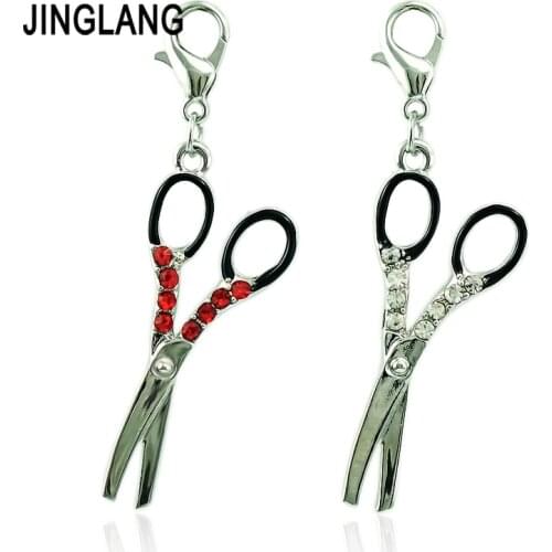 JINGLANG Silver Color Lobster Clasp Charms Dangle Rhinestone Black Handle Scissors DIY Charms For Jewelry Making Accessories