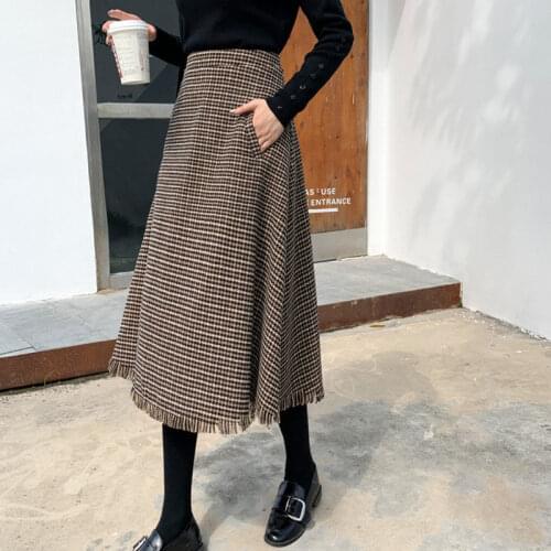 Plaid Woolen Skirt Womens Autumn and Winter Clothes Retro Trend High Waist A-line Mid-length Umbrella Skirt Fringe Jupe K1152