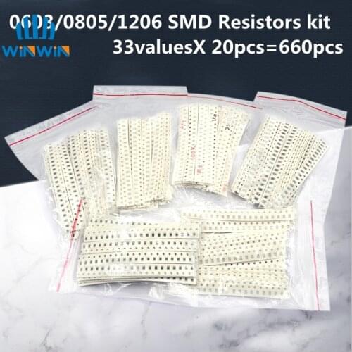 33valuesX 20pcs=660pcs 0603 0805 1206 SMD Resistor Kit Assorted 1R to 1M ohm 1% SMD Sample Kit DIY 3.3R 5.1R 10R 47R 62R 82R 1K