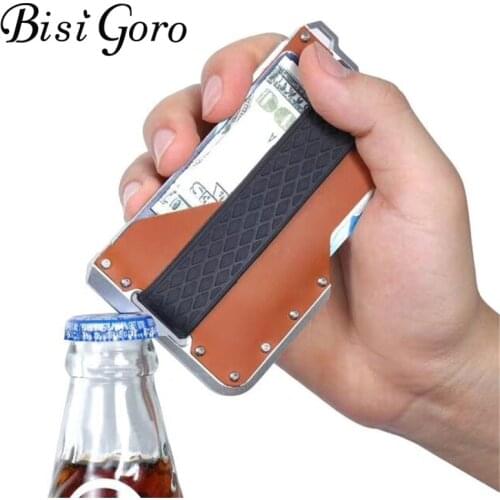 BISI GORO 2019 Genuine Leather Credit Card Holder Metal RFID Aluminium Card Box Vintage Blocking Mini Magic Business Wallet