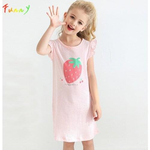 Summer 2021 Cotton Night Dress for Girls O Neck Short Sleeve Girl Sleepwear Cute Strawberry Print Pyjama Fille 6 8 10 12 14 Ans