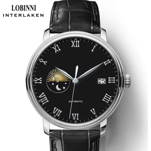 LOBINNI Classic Men Mechanical Watch Sapphire Glass Waterproof Automatic Watch Genuine Leather Watch Relogio Masculino Dropship