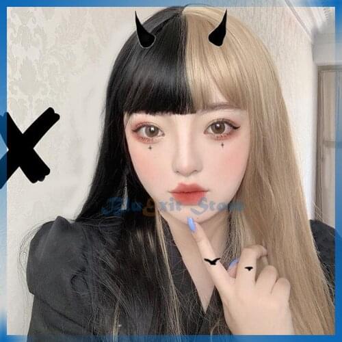 Lolita Black Mixed Yellow Harajuku Long Straight Synthetic Hair Sweet for Adult Girls Students Dailywear Party Cosplay