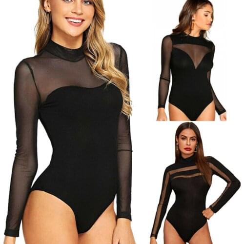 Fashion Trend Women Sexy Mesh Sheer Bodysuit Ladies Long Sleeve Leotard Tops Jumpsuit Summer Mesh Clothing
