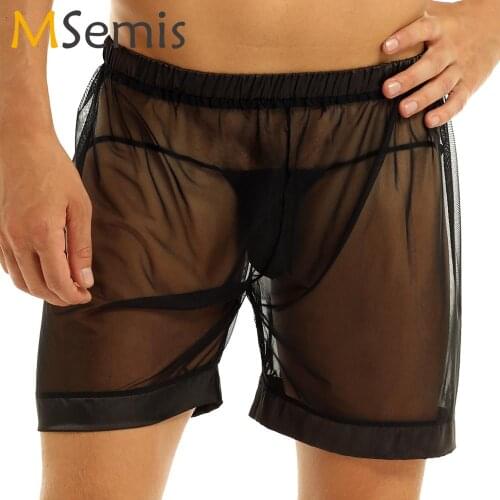 Men Lingerie Sexy See-through Mesh Boxer Short Hot Slip Pants Homme Loose Lounge Boxershorts Mini Half Trousers Erotic Underwear