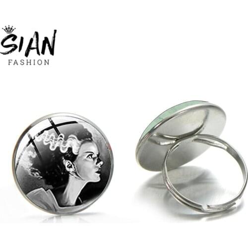 SIAN New Arrival Bride of Frankenstein Charm Ring Frankenstein and His Bride Photo Classic Glass Dome Rings for Men Silver Color