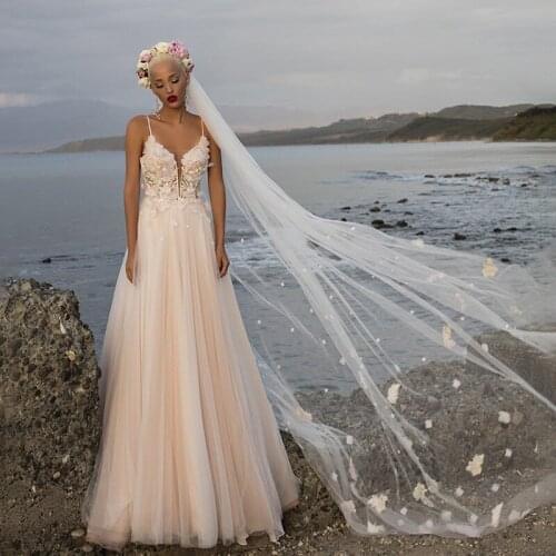 Latest Arrival Beach Wedding Dresses A-Line V-Neck Strap Appliques Lace 3D Flowers Cape Veils Tulle Bride Gown 2021