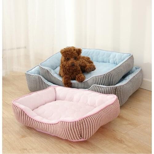 Dog bed Cooling Summer Pet Bed Products Cold Pad Ice Silk Mat Stripe Kennel Soft Cushion For Medium Small Dog Washable Pet Bed
