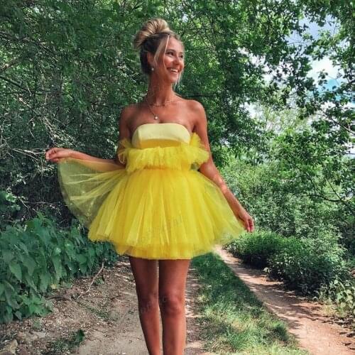 Yellow Strapless Tulle Dress for High Street Girls Sweet 16 Birthday Party Dresses High Quality Custom Made Mini Prom Gown 2021
