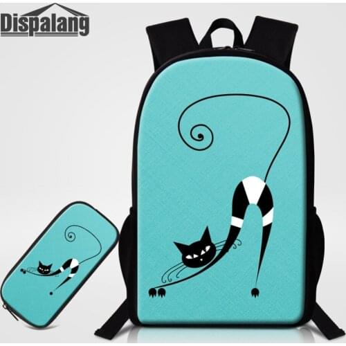 2 PCS Set School Bags With Penbox For Students Black And White Cat Printing Backpack Children Cute Bookbag Mochila Drop Shipping