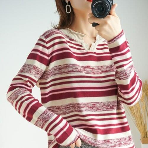 SZDYQH Autumn 100% Cotton Womens Striped Thin Sweater Oversized Casual Pullover V-Neck Long Sleeve Loose Female Bottoming Shirt