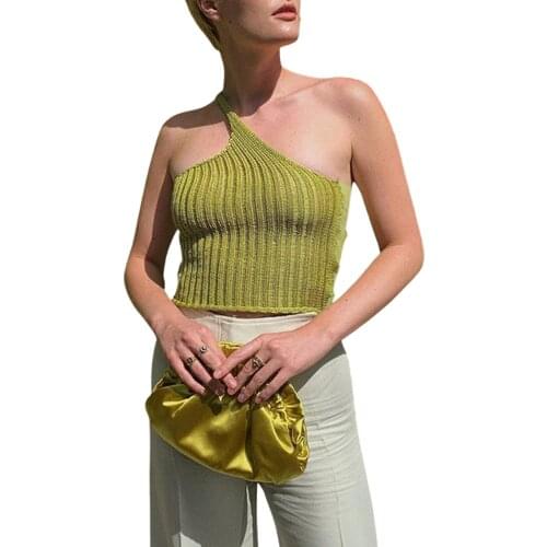 Women Summer Tank Tops, Solid Color One-Shoulder Sleeveless Tight Stretch Knitted Vest for Girls, 4 Colors For Holiday