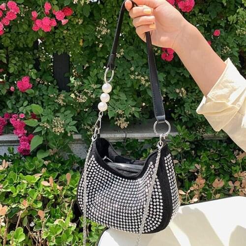 Brick Inlaid Pearl Chain Bag Women 2021 Pu Leather Messenger Bag Handbag Fashion Underarm Shoulder Bag Ladies