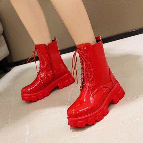 YMECHIC 2021 Winter Fashion Red Black PU Patent Leather Chunky High Heels Platform Shoes Lace Up Biker Ankle Boots for Women New
