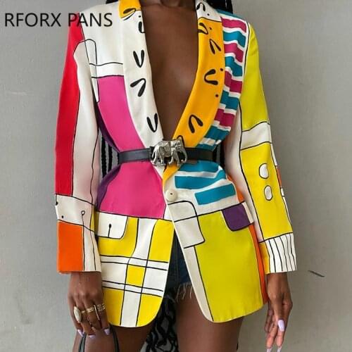 Women Elegant Abstract Graphic with Elephant Sashes Long Sleeves Blazer