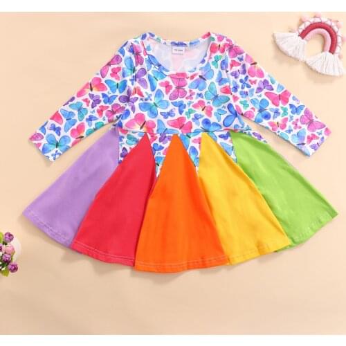 Emmababy Girls Princess Dress Multicolor Butterfly Printed Pattern Long Sleeve Round Collar Girls Casual Dresses Clothing 1-6T