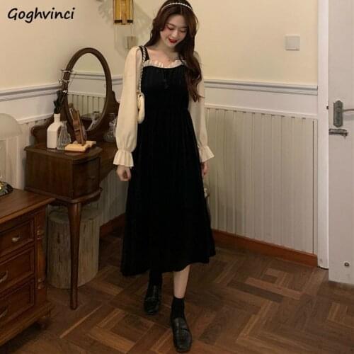 Women Dress Wood-ears Patchwork Lantern Sleeve Square Collar Elegant Lady French Style Girls Korean High Waist A-line Mid-calf