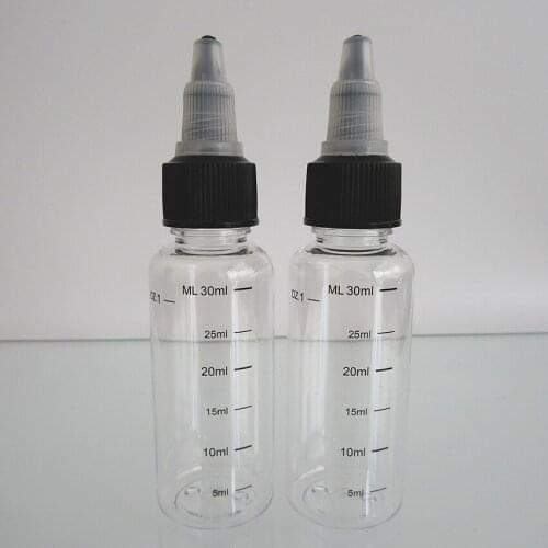 30pcs 1OZ/30ml Graduation Dropper Bottl PET Bottle with Silk Printing Scale, E juice Liquid Empty Bottle with 18mm Twist off Cap