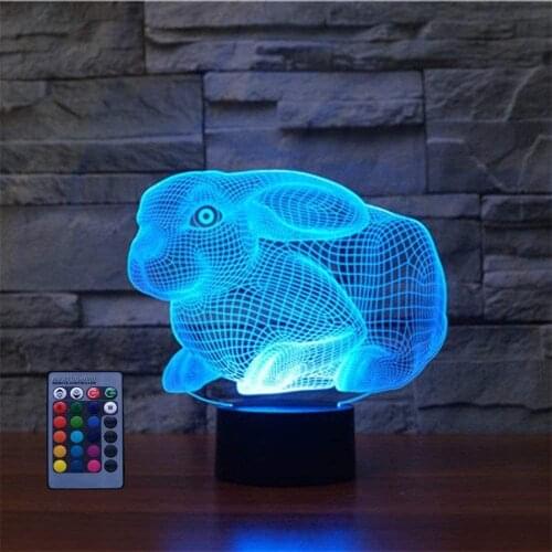 3D colorful LED night light in rabbit shape, 16 colors, dimmable, USB touch + remote control, suitable as a gift for children