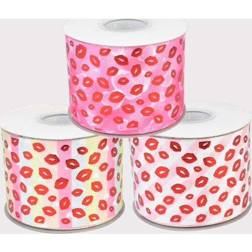 50yards 75mm Red Gold Foil Red Lips Valentine Grosgrain Ribbon For DIY Accessories Welcome Custom Printed