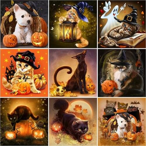 5D DIY Diamond Painting Cat and Dog Full Diamond Square Round Handmade Diamond Embroidered Animal Cat Mosaic Set Halloween Gift