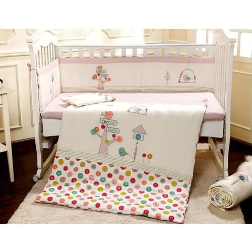 Promotion! 7PCS embroidered Baby Bedding Sets Bedding Mother & Kids 100% cotton cot bedding se,(2bumper+duvet+sheet+pillow)