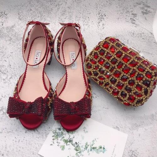 BS1256 Custom Made Slingbacks Women Bridal wedding Shoes Wine Red Gold Crystal Pointed toe Shoes with Matching Bags Set