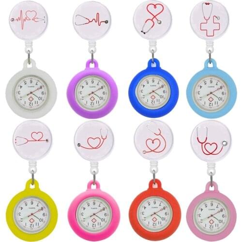 Colourful nurse doctor Stethoscope love heartbeat pocket clip watches Retractable Reel ID Badge Glass office hospital gift clock