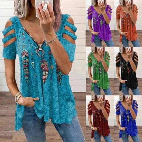 Summer Women Sexy V-neck Fashion Zipper Top Shoulder Hollow Plant Printing Short-sleeved T-shirt Casual Loose Large Size Blouse