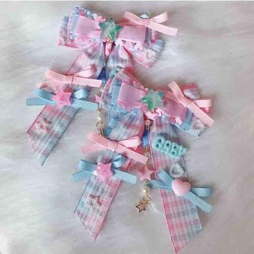Lolita Hair Clip Pink Blue Plaid Cute Hairpin Hair accessories Soft sister Girls Cute Bowknot Side Clip Handmade Hair Ornaments