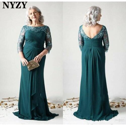 M372 NYZY Elegant Backless 3/4 Sleeves Chiffon Mother of the Bride Dresses 2021 Teal Wedding Party Dress Evening Gown